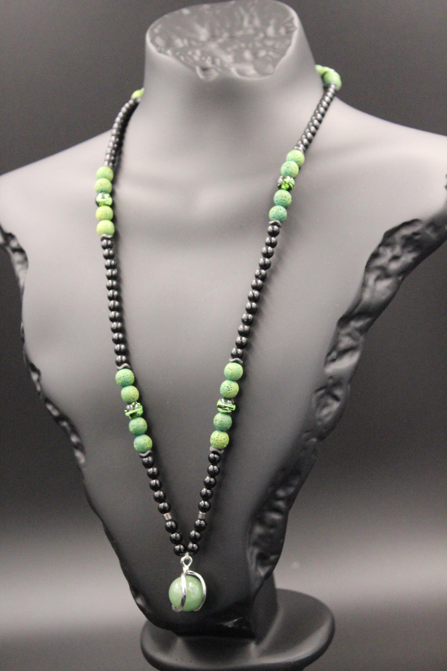 Handmade Unisex Necklace with Green Agate and Volcanic Stone