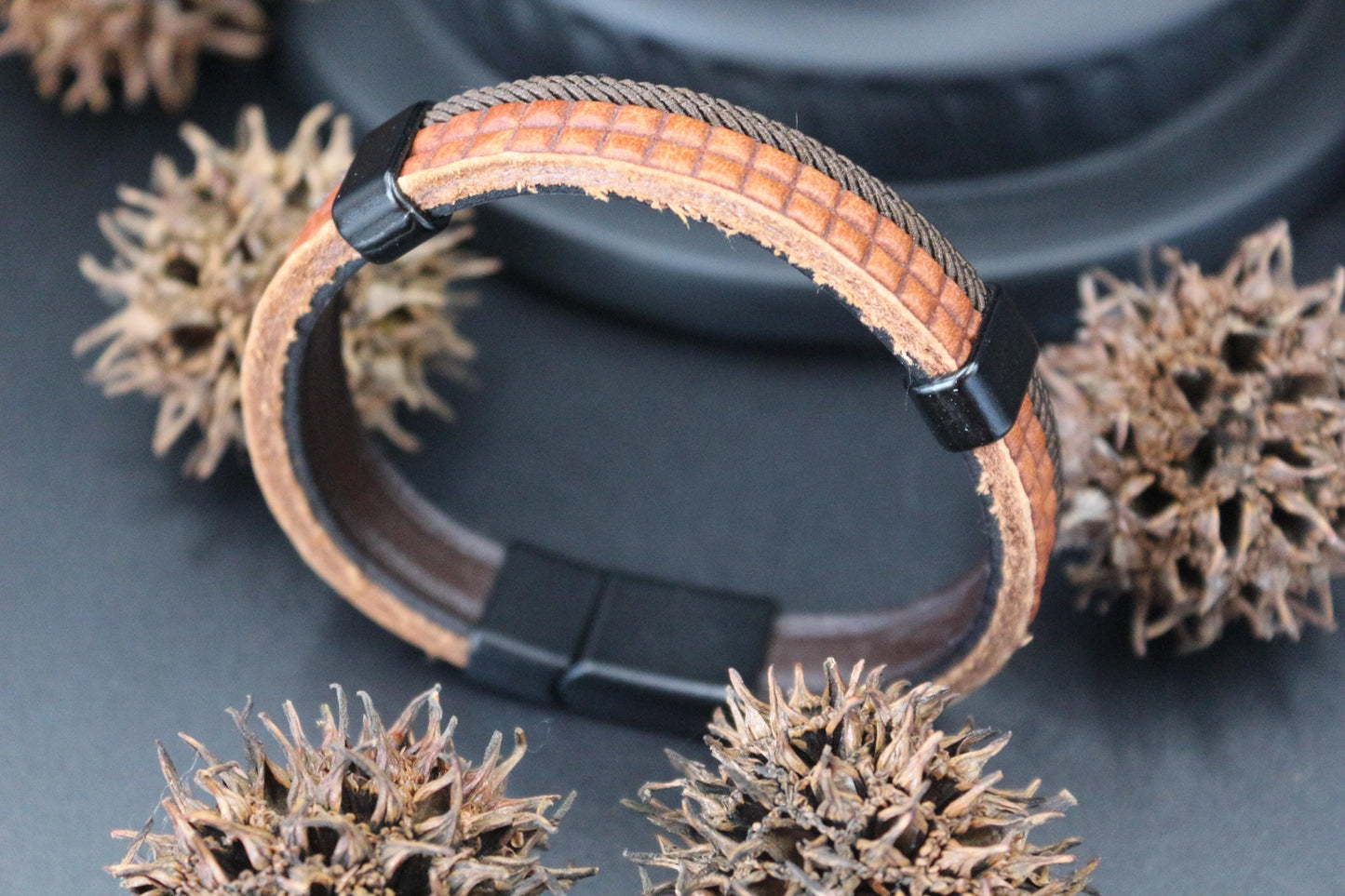 Water Buffalo Genuine Leather Bracelet, Beads, Wood and Coconut Shell