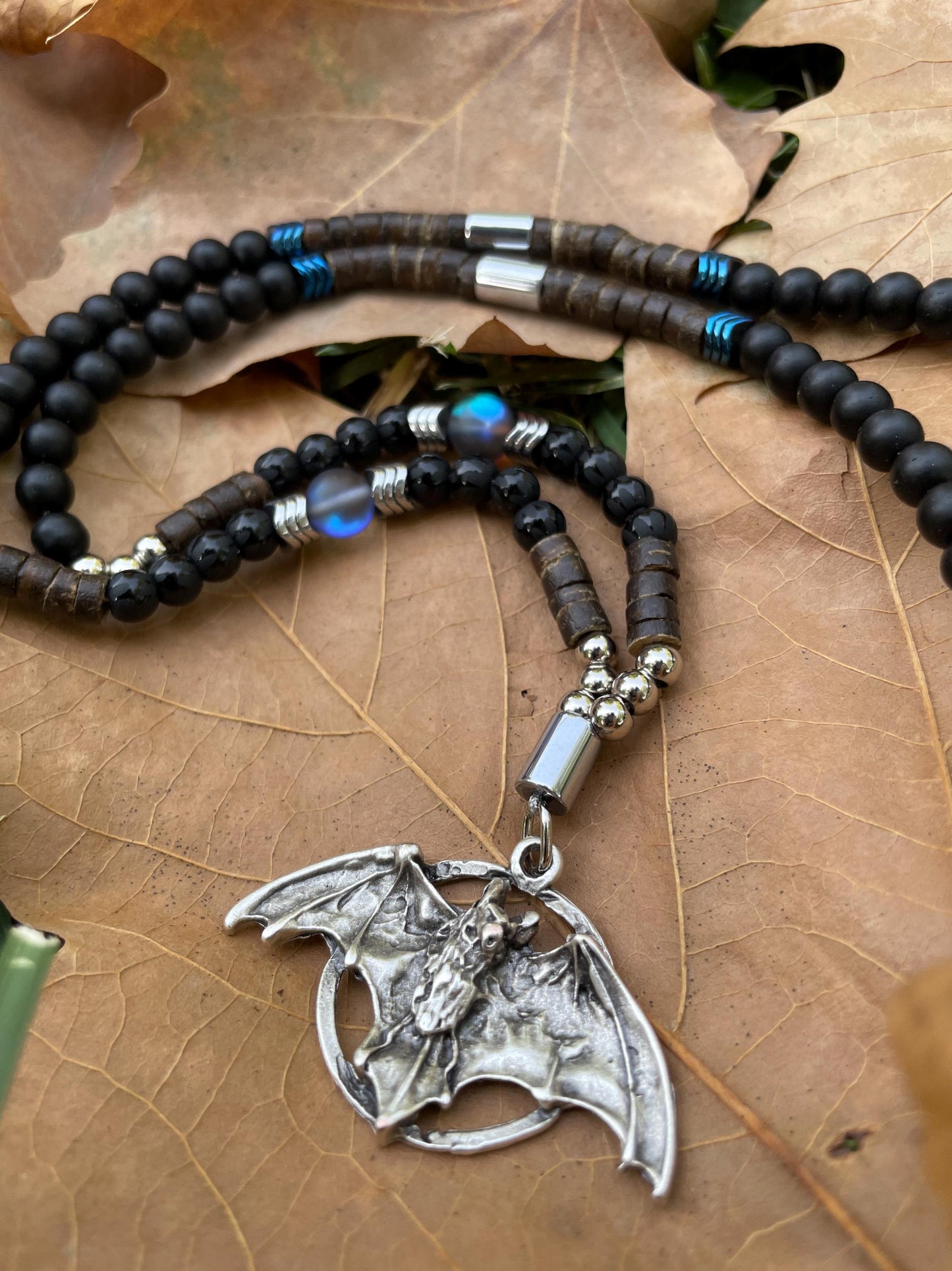 Bat Symbol Necklace & Bracelet Set – Gothic Halloween Jewelry with Lava Rock, Onyx, Coconut Beads, Hematite – Dark Knight Inspired Gift for
