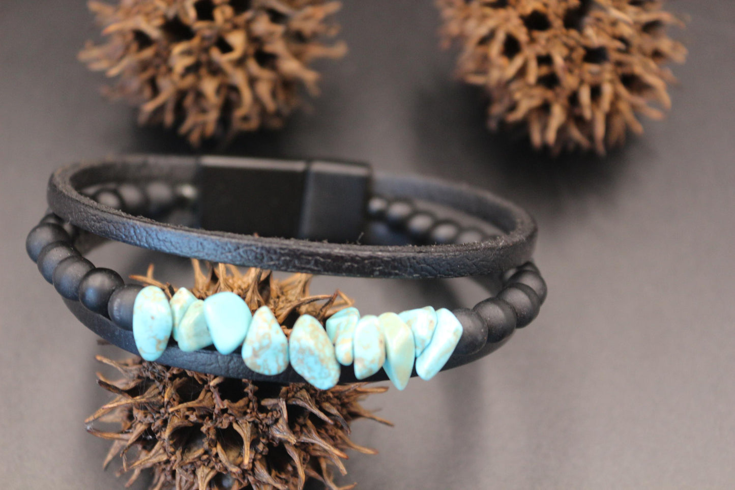 Handmade Turquoise, Onyx, and Genuine Leather Bracelet