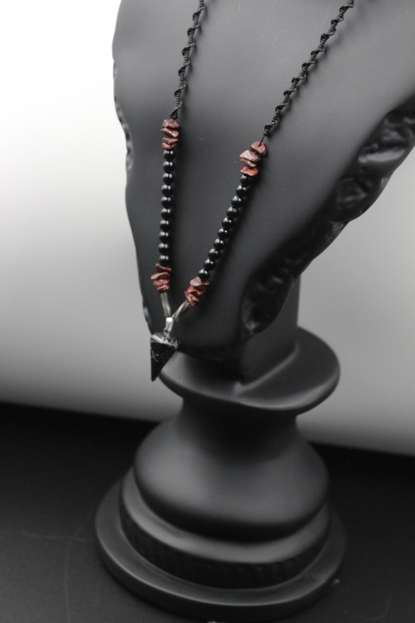 Handmade Obsidian and Red Garnet Necklace with Unique Design