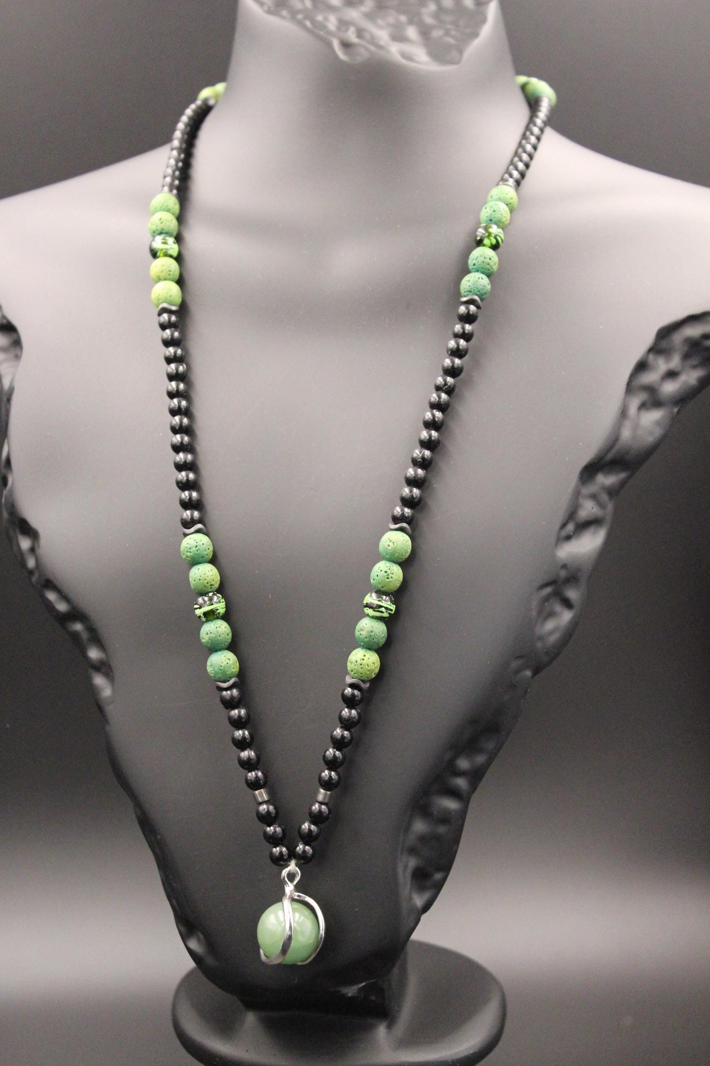 Handmade Unisex Necklace with Green Agate and Volcanic Stone