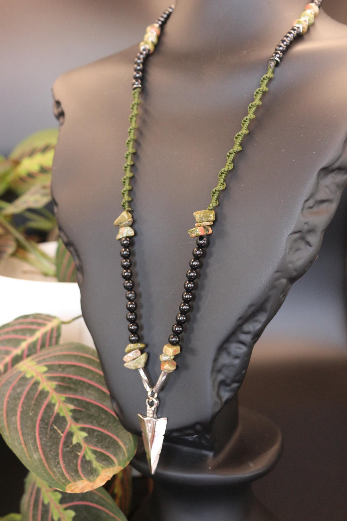 Handmade Necklace - Natural Unakite Stone and Braided Cord