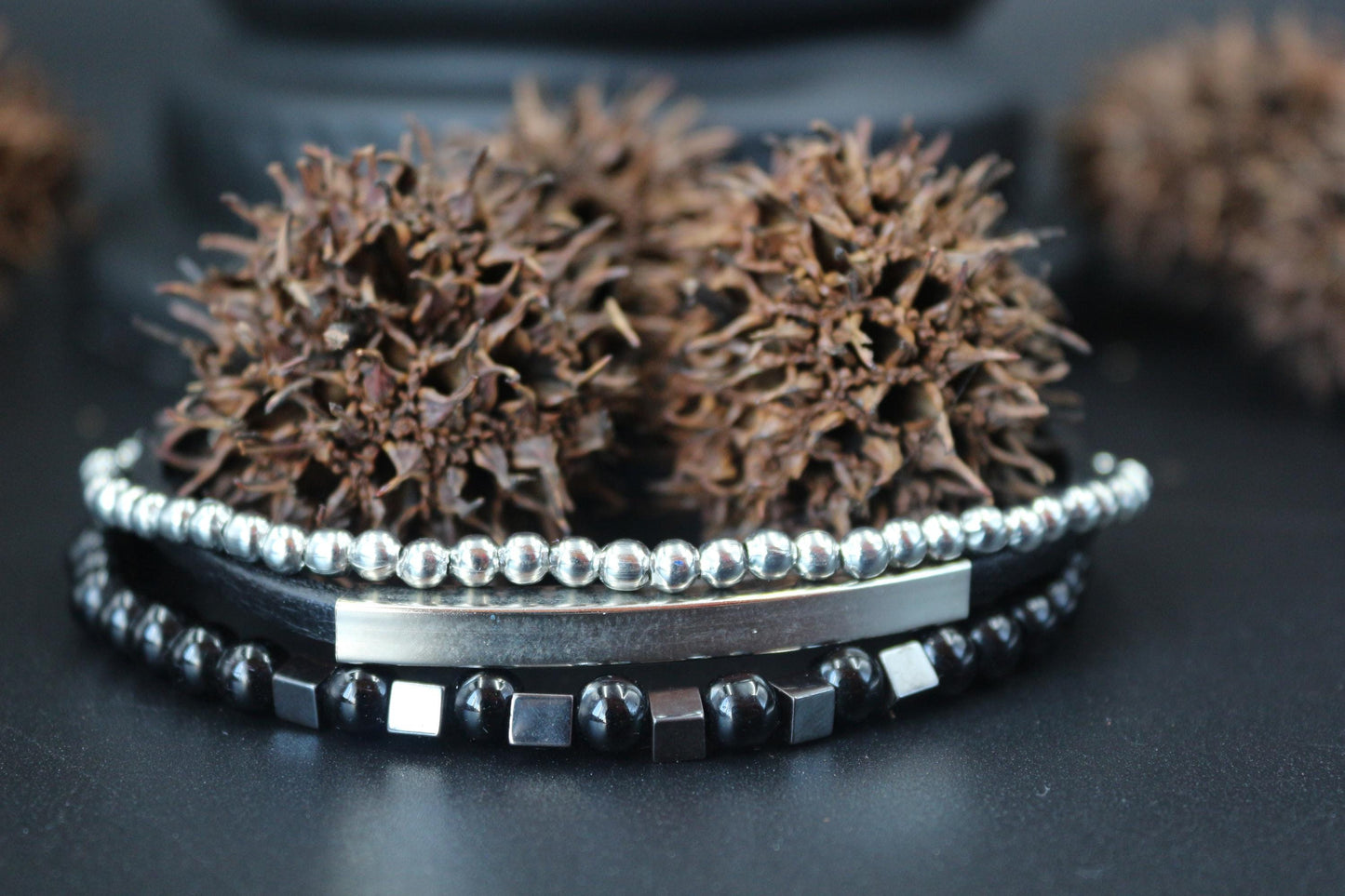 Handmade with Hematite, Black Onyx, Leather, and Metal