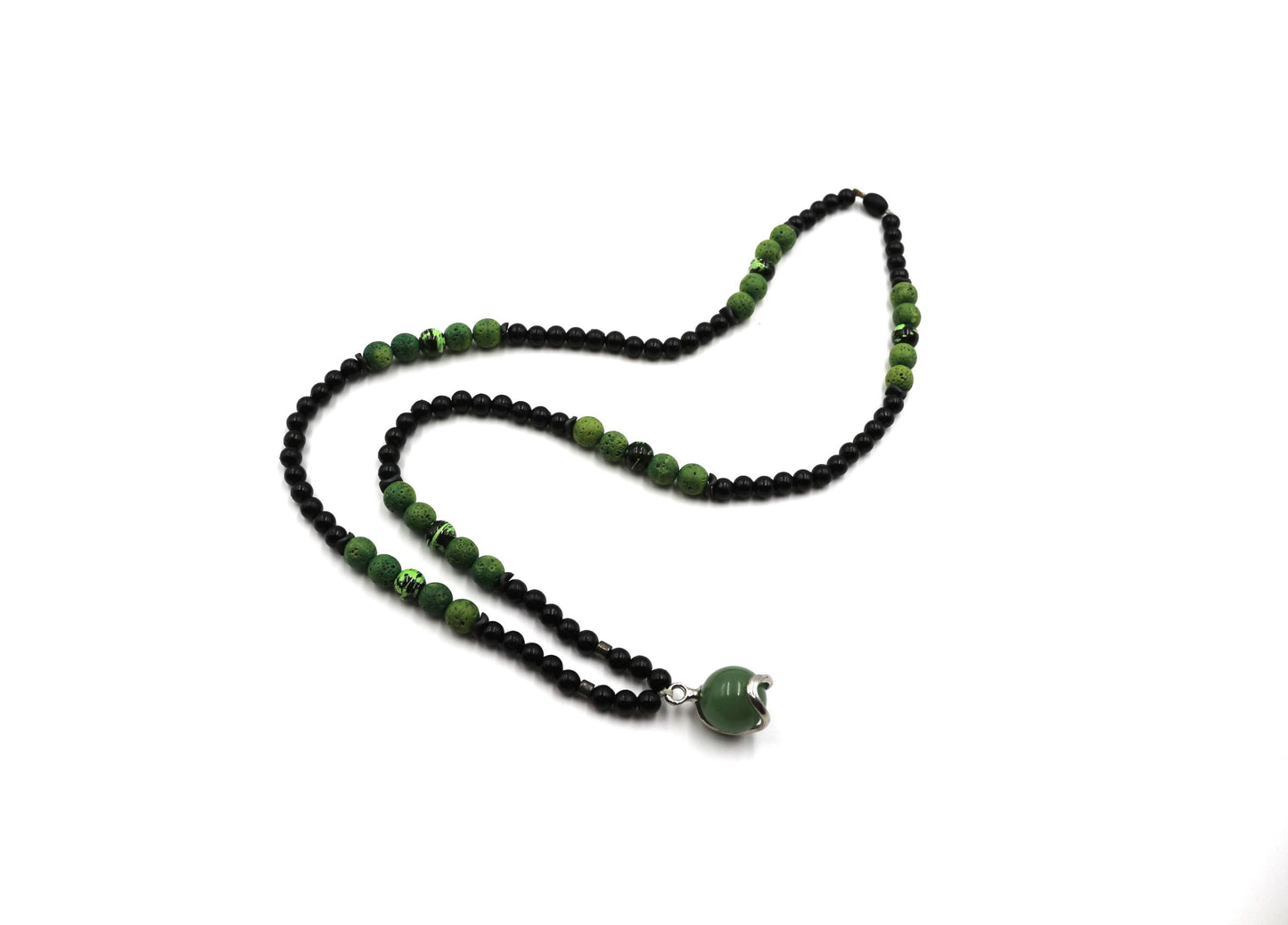 Handmade Unisex Necklace with Green Agate and Volcanic Stone
