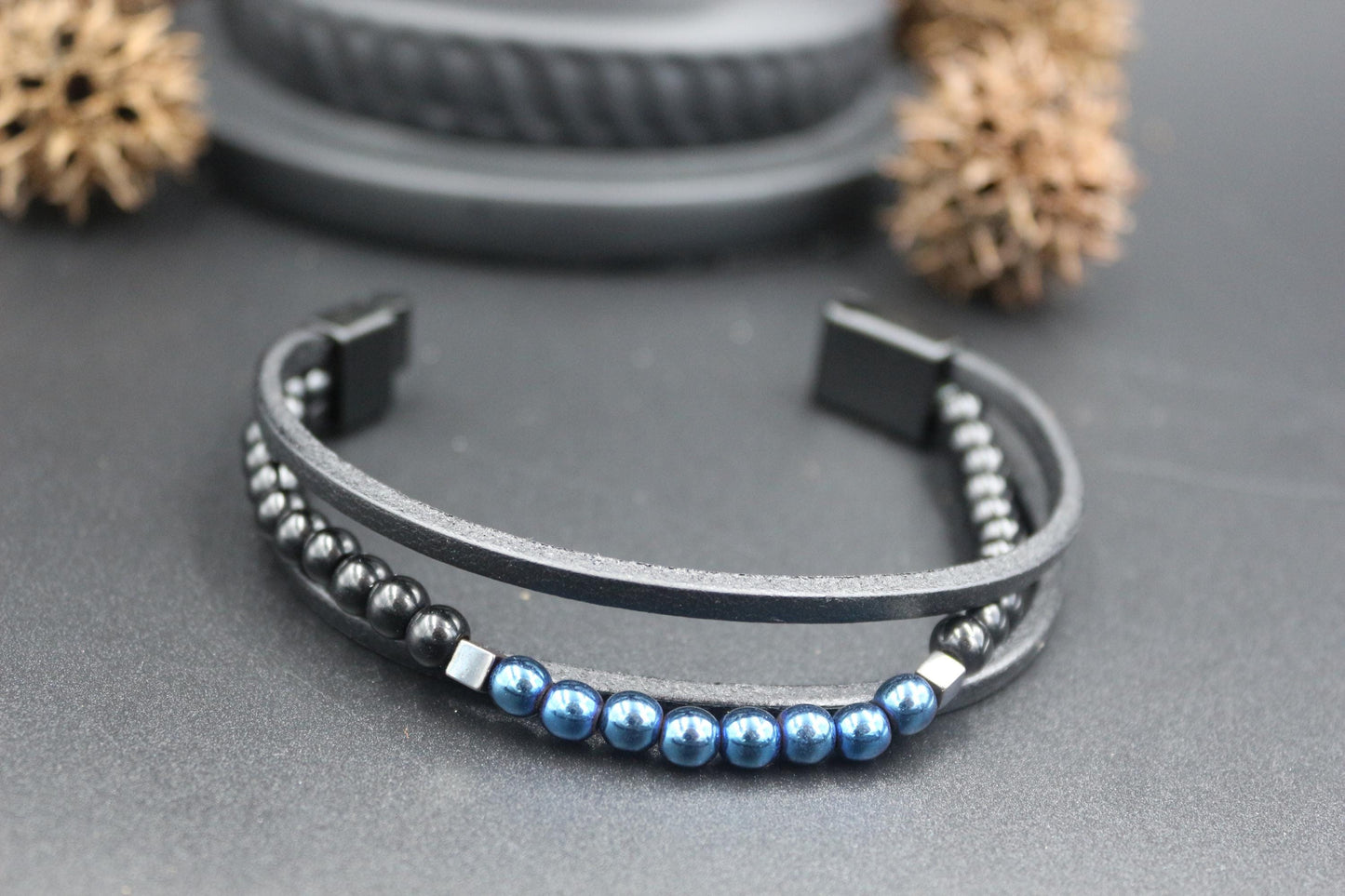 Bracelet - Genuine Leather, Blue Hematite, and Natural Stone