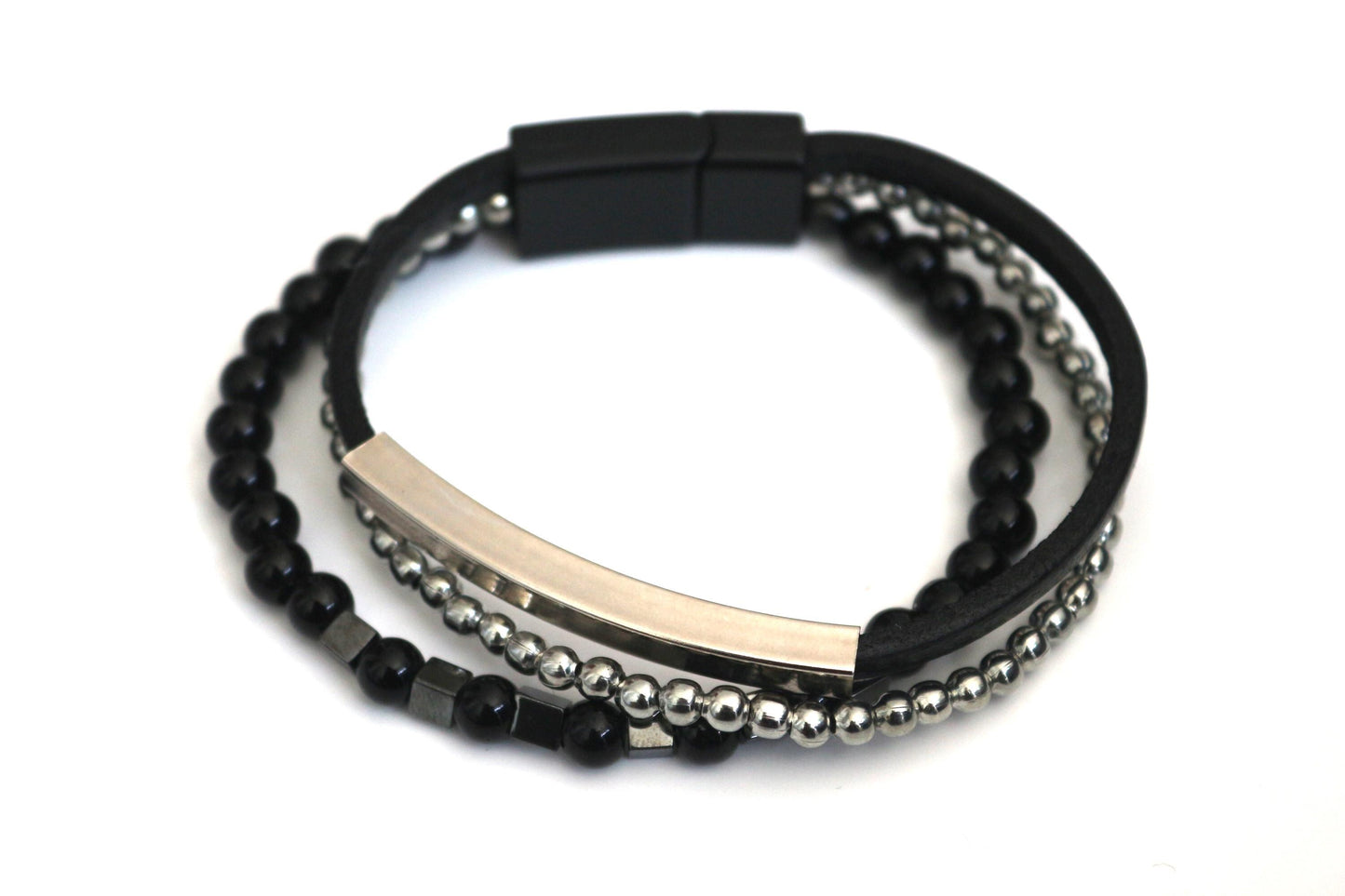 Handmade with Hematite, Black Onyx, Leather, and Metal