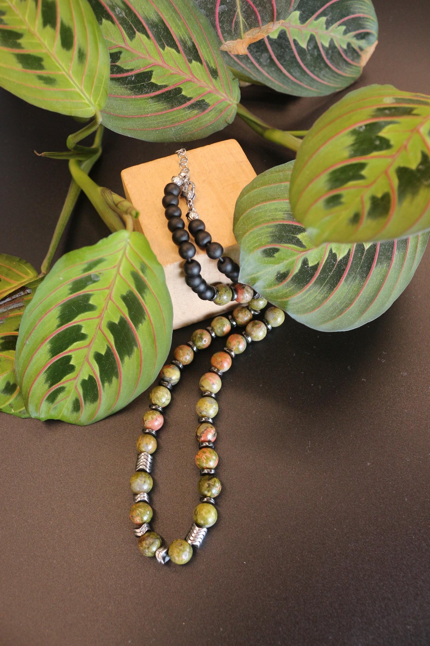 Unakite, Hematite, and Black Onyx Necklace, Unique Handmade Necklace