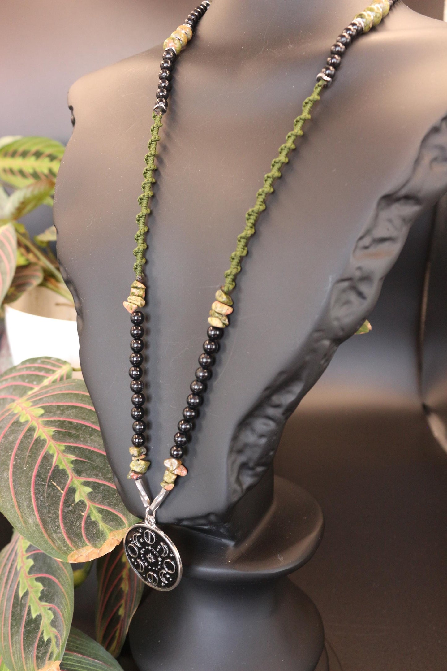 Necklace made of natural stone - unakite - with a moon phases pendant
