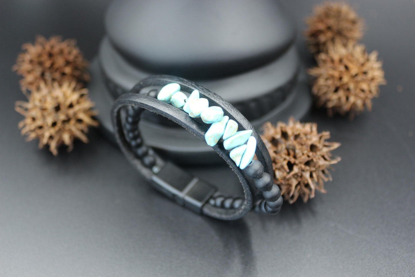 Handmade Turquoise, Onyx, and Genuine Leather Bracelet