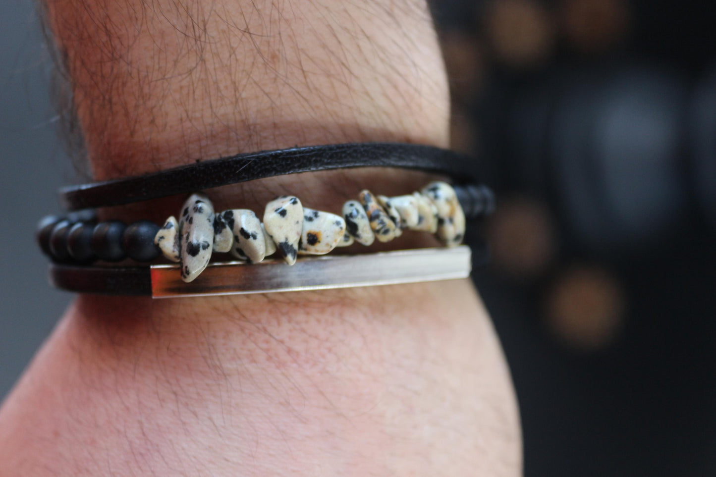 Handmade Bracelet with Dalmatian Jasper, Black Onyx, and Genuine Leather