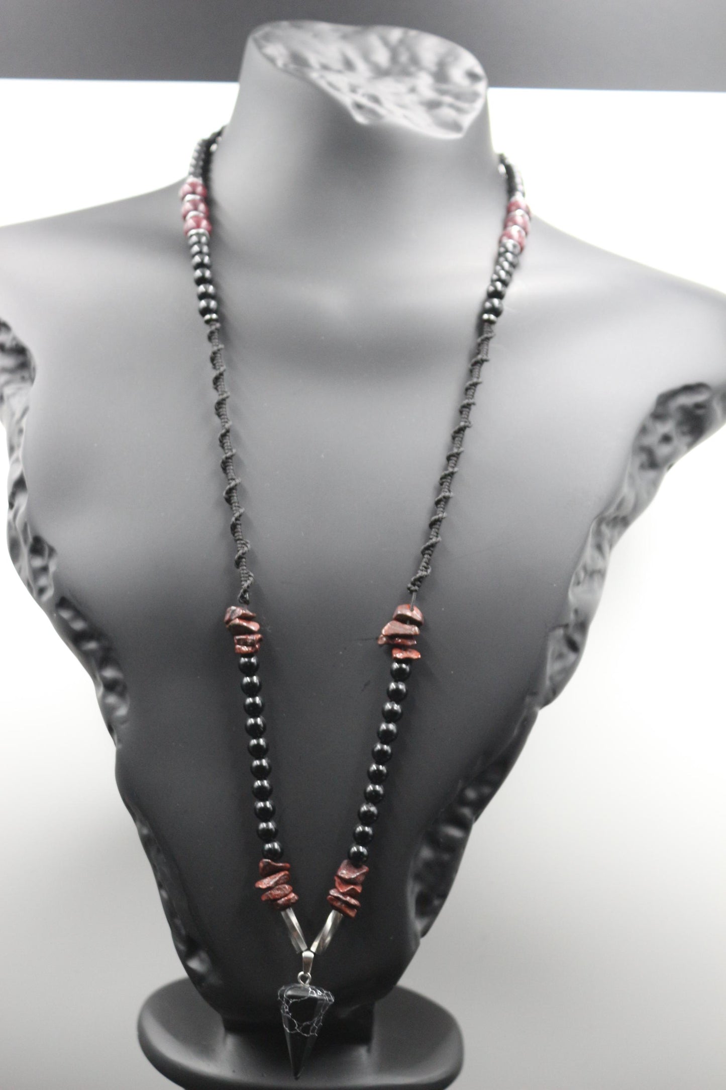 Handmade Obsidian and Red Garnet Necklace with Unique Design