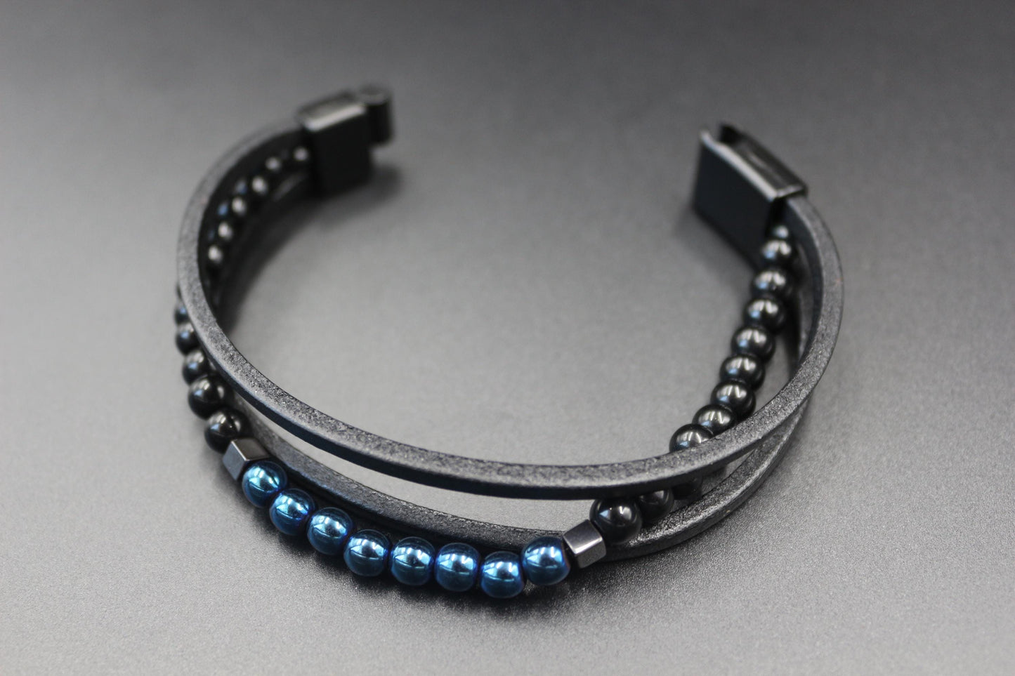 Bracelet - Genuine Leather, Blue Hematite, and Natural Stone