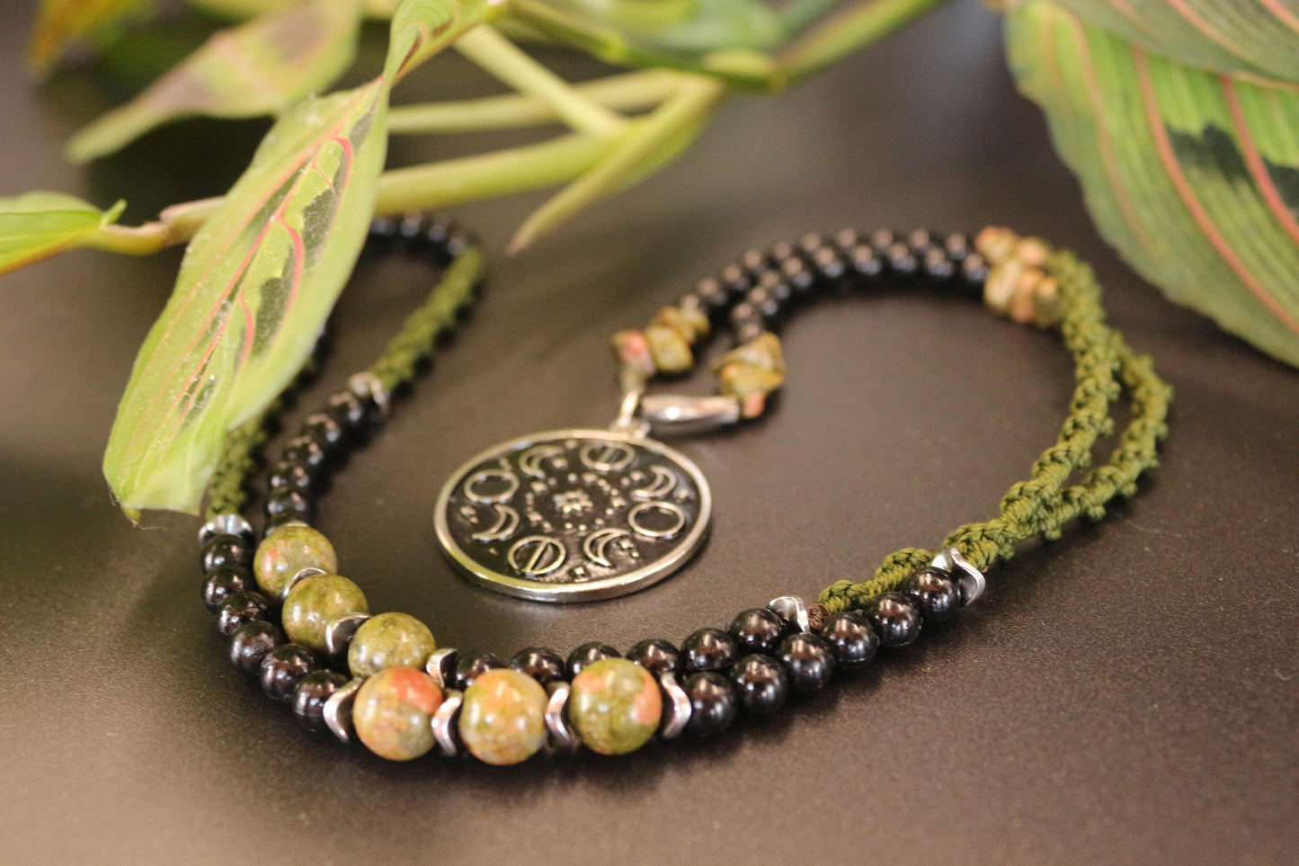 Necklace made of natural stone - unakite - with a moon phases pendant