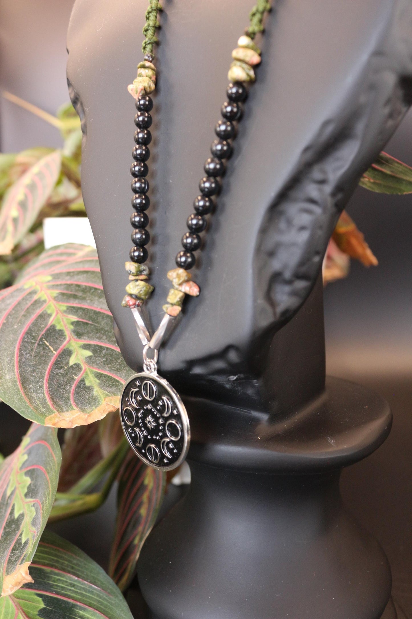 Necklace made of natural stone - unakite - with a moon phases pendant