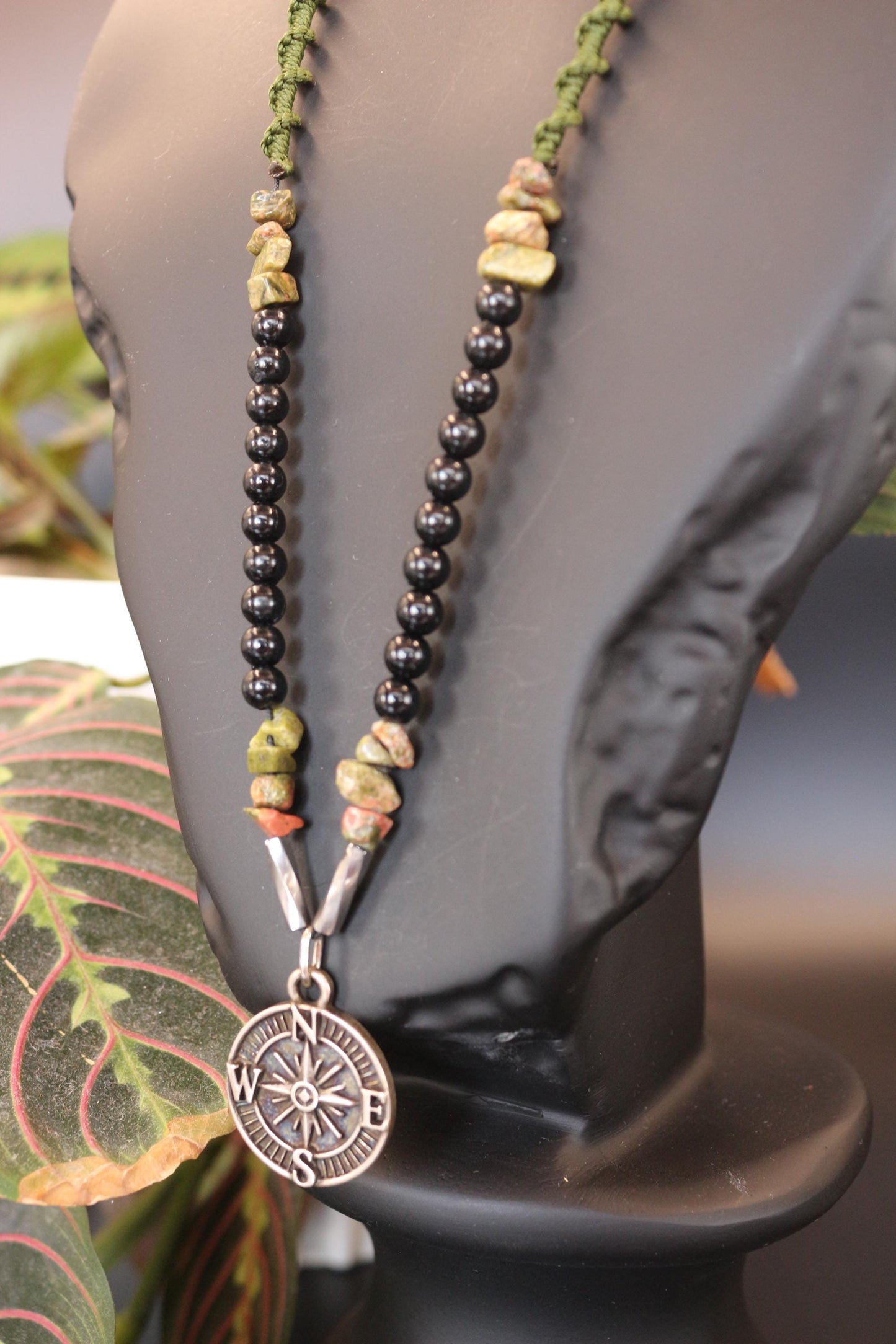 Handmade Unakite Hematite Necklace: Braided Cord Compass Pendant