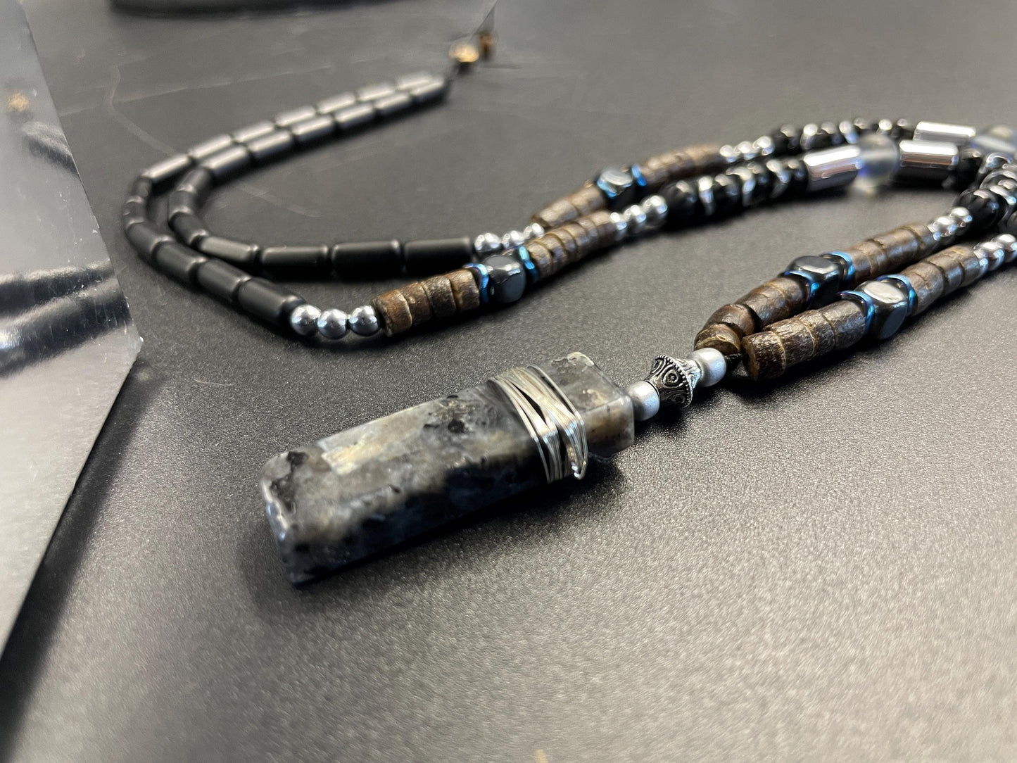Bat Symbol Necklace & Bracelet Set – Gothic Halloween Jewelry with Lava Rock, Onyx, Coconut Beads, Hematite – Dark Knight Inspired Gift for