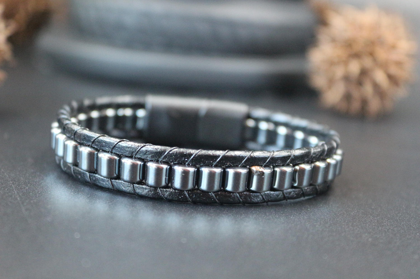 Hematite and Genuine Leather - "Strength and Style" Bracelet
