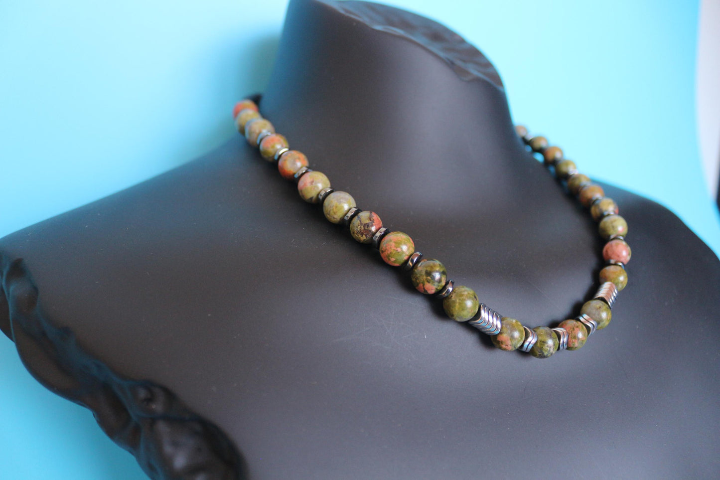 Unakite, Hematite, and Black Onyx Necklace, Unique Handmade Necklace