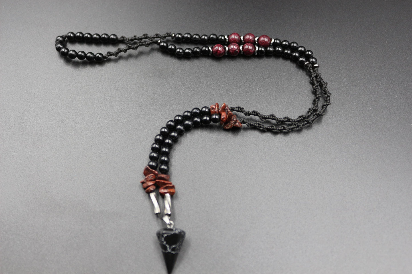 Handmade Obsidian and Red Garnet Necklace with Unique Design