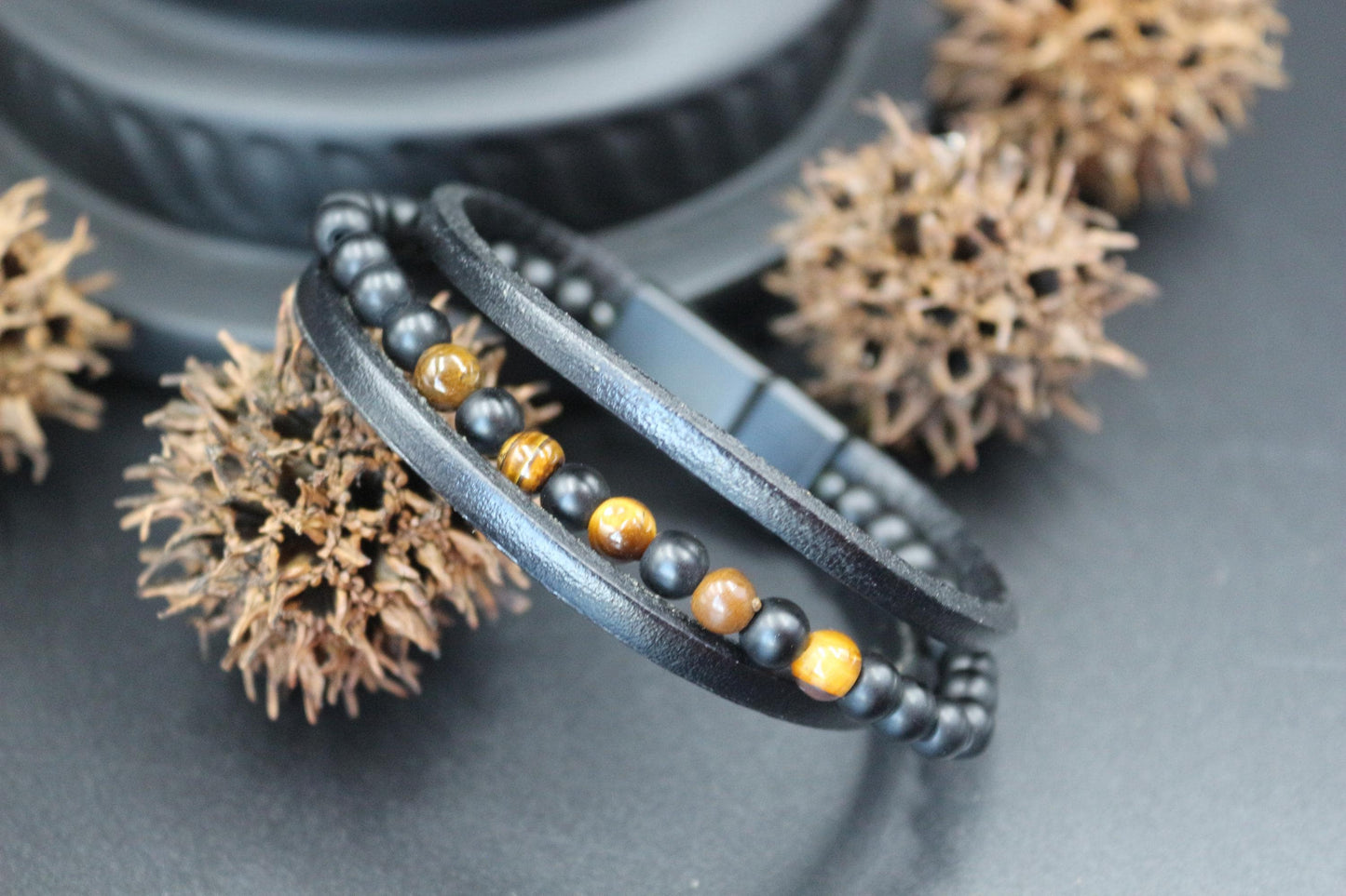 Bracelet - Handmade with Tiger's Eye, Onyx, and Genuine Leather