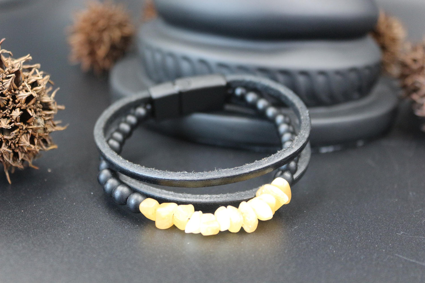 Handmade with Citrine, Black Onyx, and Genuine Leather