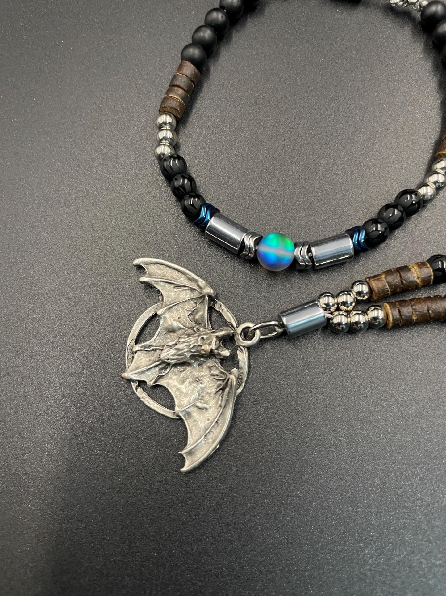 Bat Symbol Necklace & Bracelet Set – Gothic Halloween Jewelry with Lava Rock, Onyx, Coconut Beads, Hematite – Dark Knight Inspired Gift for