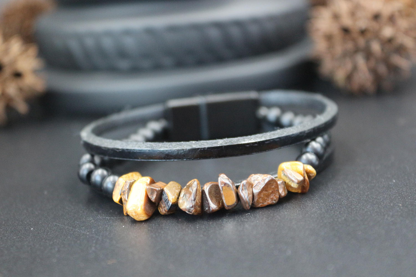 Handmade with Tiger's Eye, Onyx, and Genuine Leather