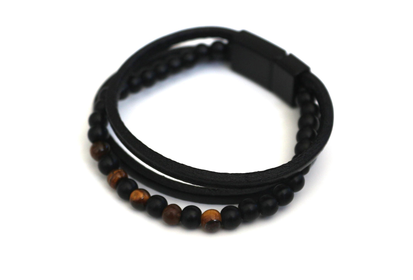 Bracelet - Handmade with Tiger's Eye, Onyx, and Genuine Leather
