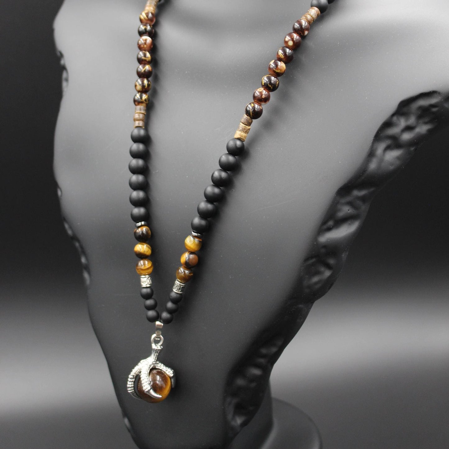 Handmade Necklace with Natural Tiger's Eye, Onyx, and Wooden Beads. Unique Design