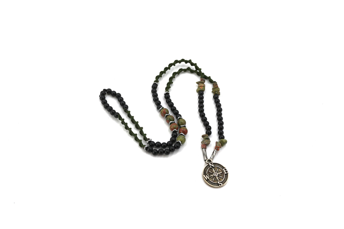 Handmade Unakite Hematite Necklace: Braided Cord Compass Pendant
