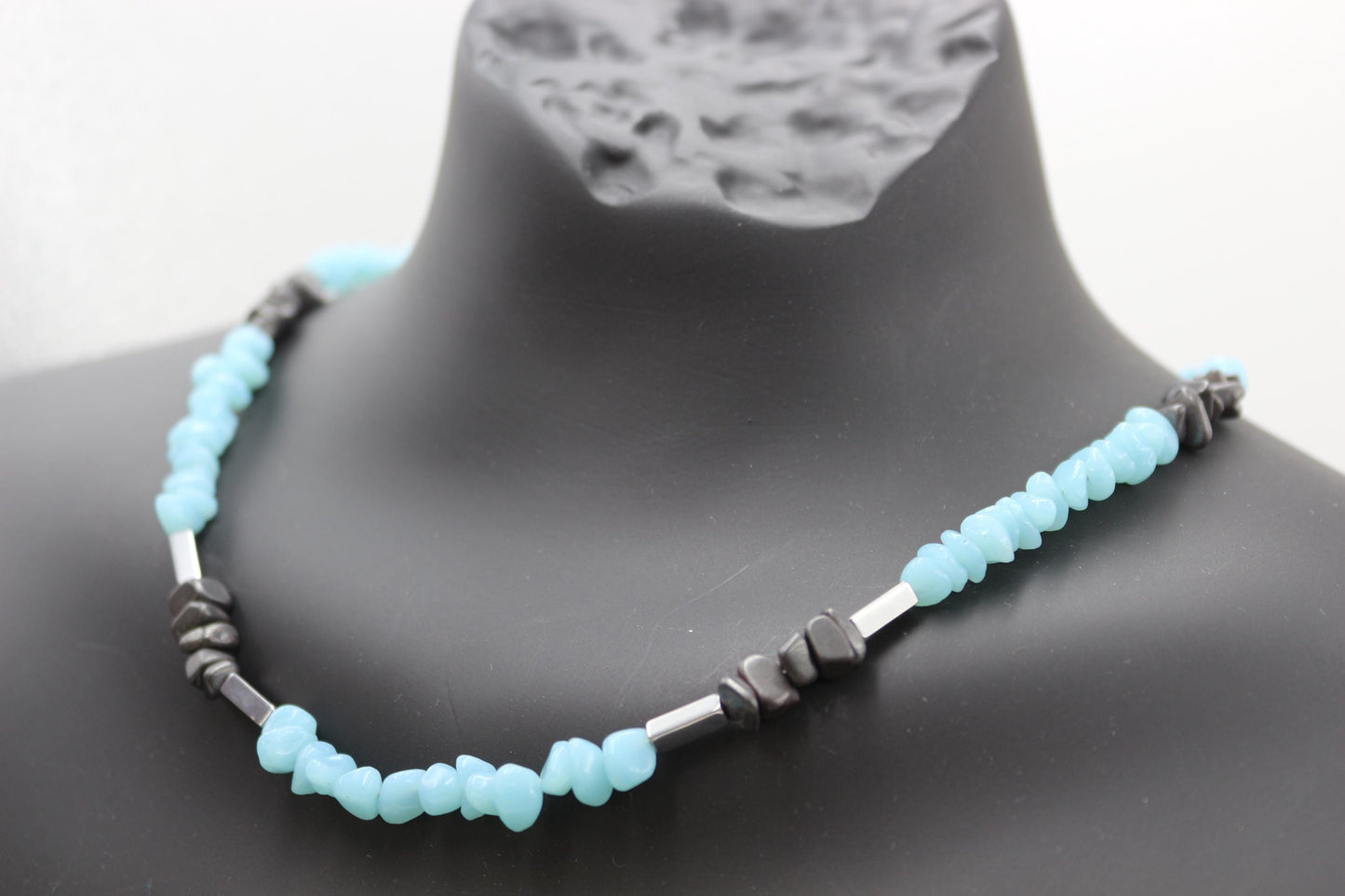 Handmade Aquamarine and Hematite Necklace – Stylish Natural Stone Design, Unisex