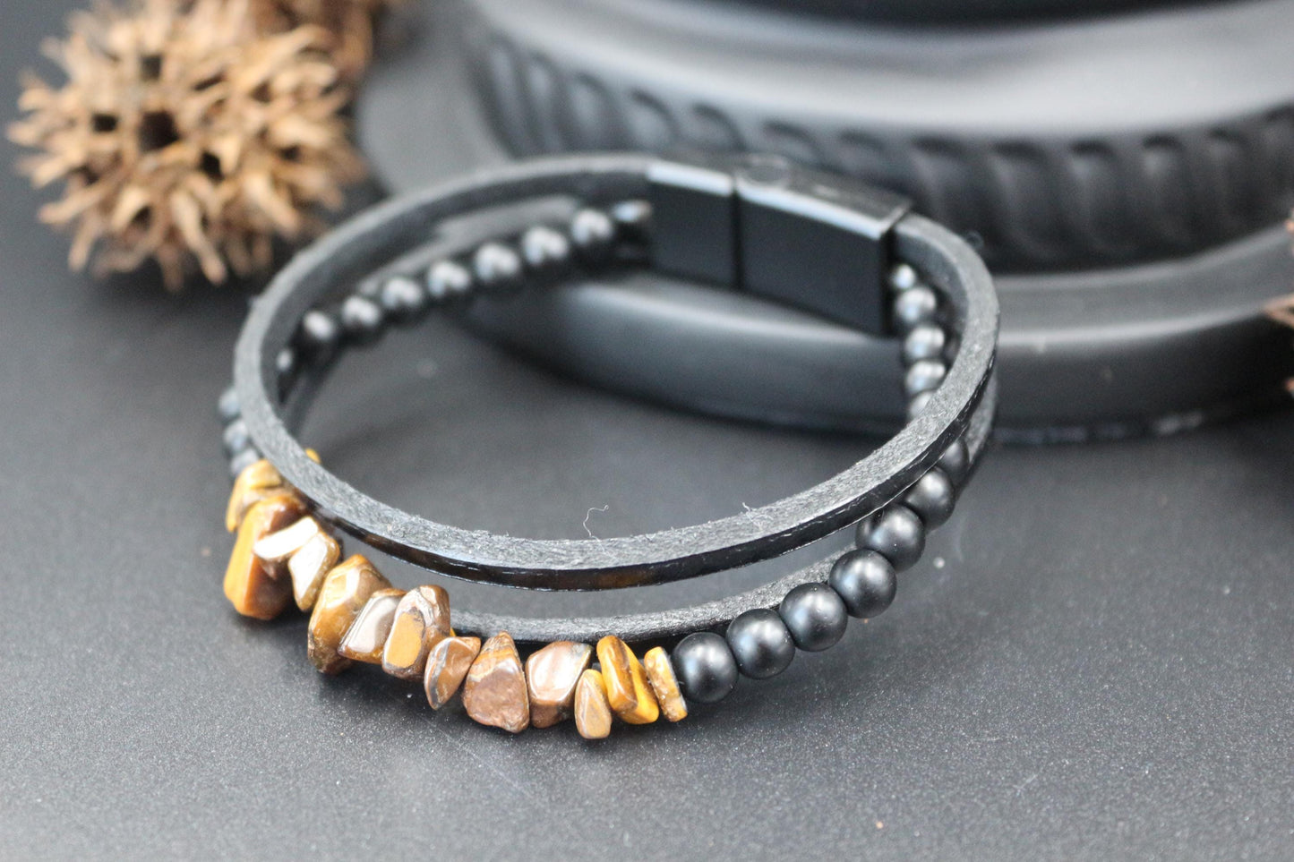 Handmade with Tiger's Eye, Onyx, and Genuine Leather