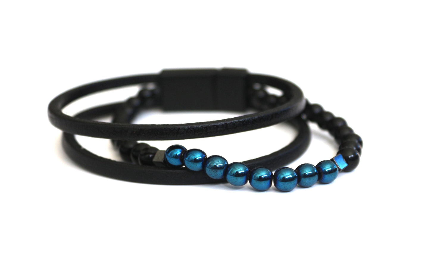 Bracelet - Genuine Leather, Blue Hematite, and Natural Stone