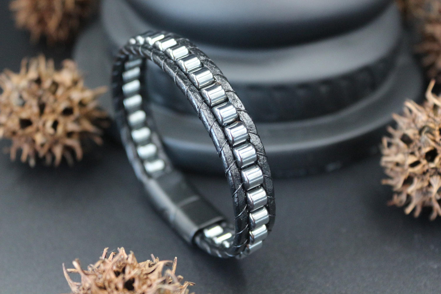 Hematite and Genuine Leather - "Strength and Style" Bracelet