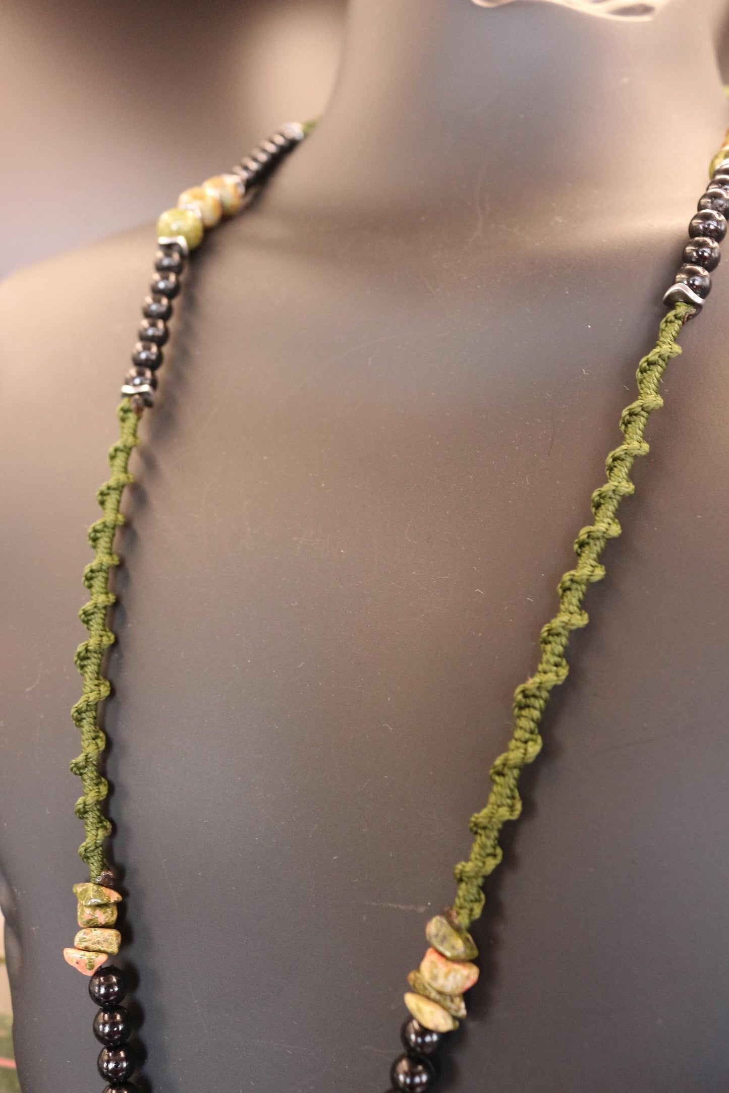 Handmade Necklace - Natural Unakite Stone and Braided Cord