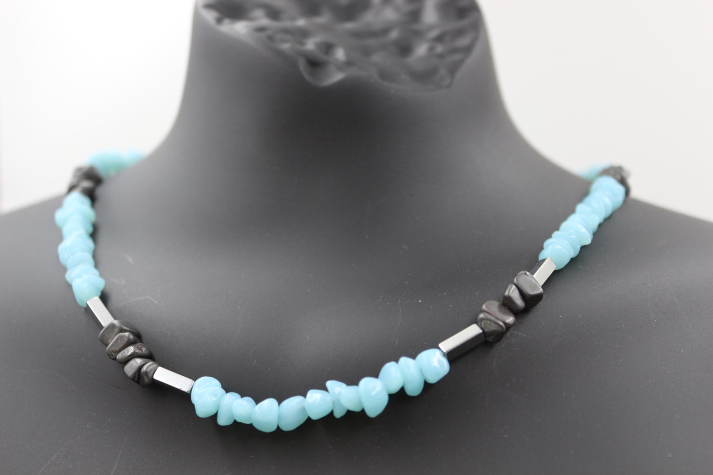 Handmade Aquamarine and Hematite Necklace – Stylish Natural Stone Design, Unisex