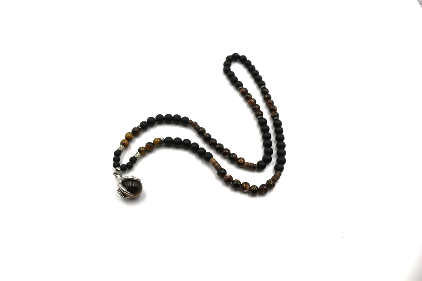 Handmade Necklace with Natural Tiger's Eye, Onyx, and Wooden Beads. Unique Design