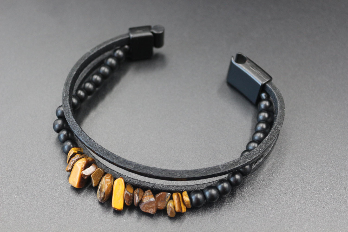 Handmade with Tiger's Eye, Onyx, and Genuine Leather