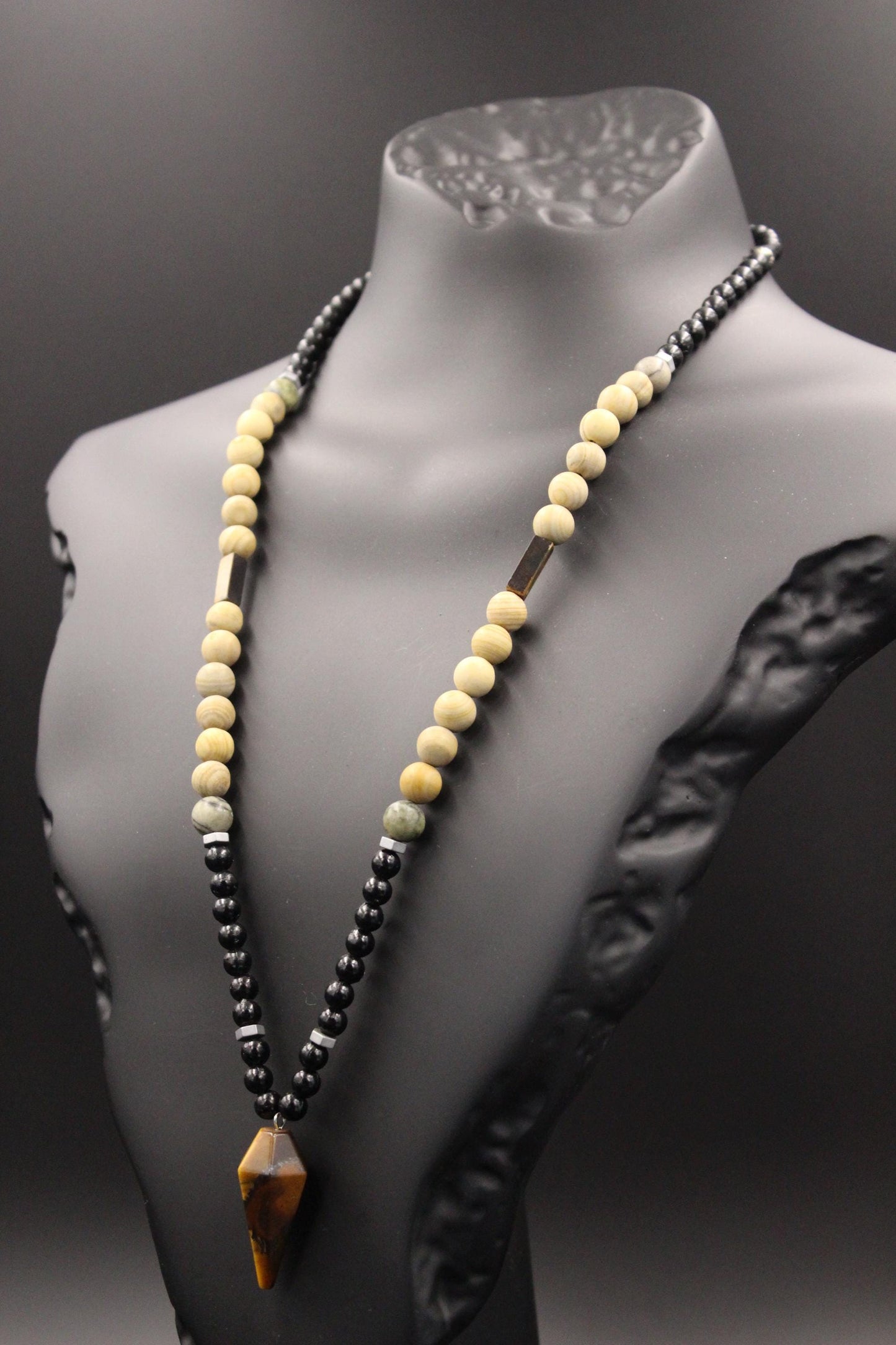 Handmade Tiger's Eye and Petrified Wood Necklace – Natural Stone, Unisex, Modern Design