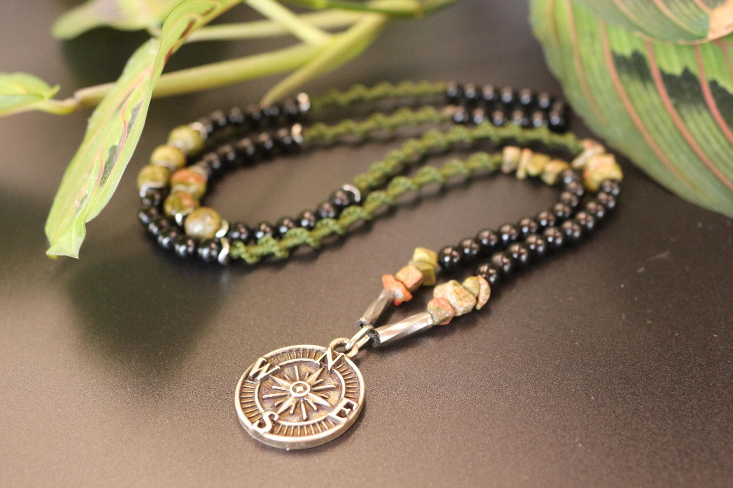 Handmade Unakite Hematite Necklace: Braided Cord Compass Pendant