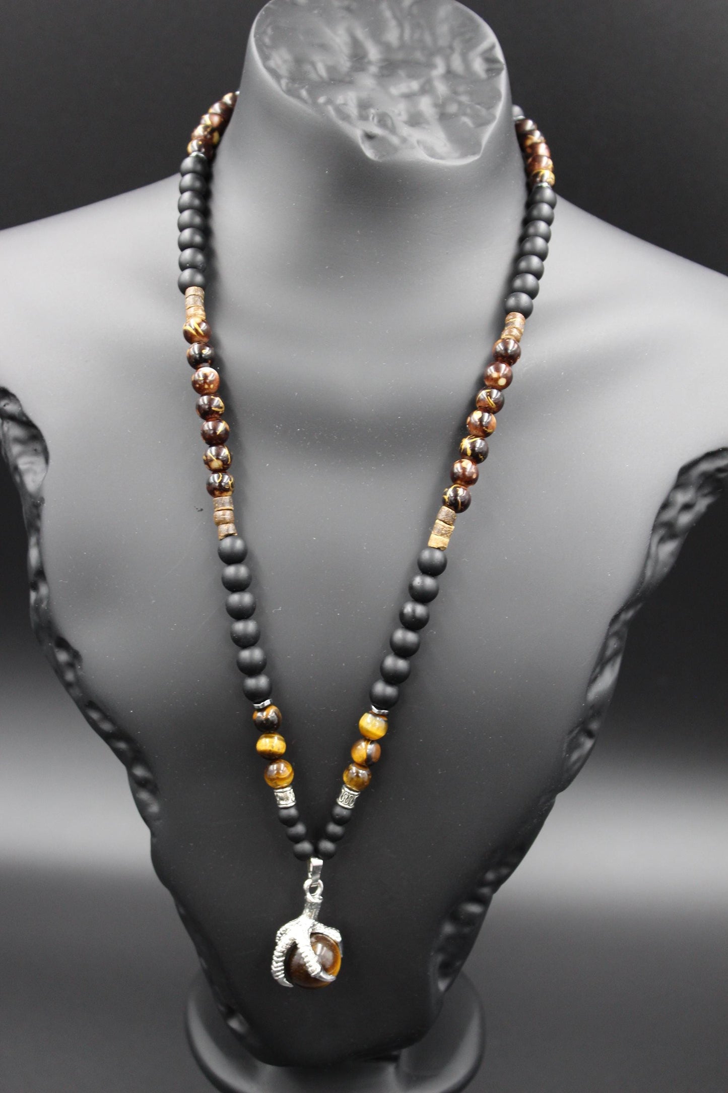 Handmade Necklace with Natural Tiger's Eye, Onyx, and Wooden Beads. Unique Design