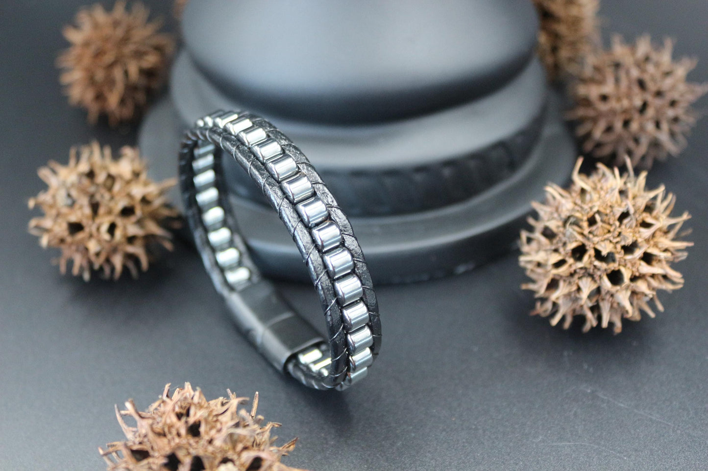 Hematite and Genuine Leather - "Strength and Style" Bracelet