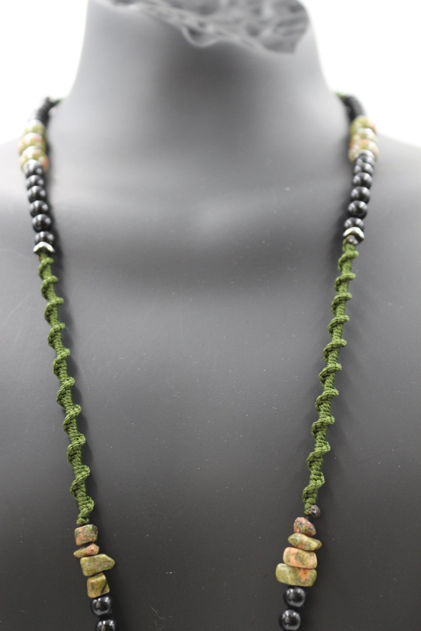 Handmade Unakite Hematite Necklace: Braided Cord Compass Pendant