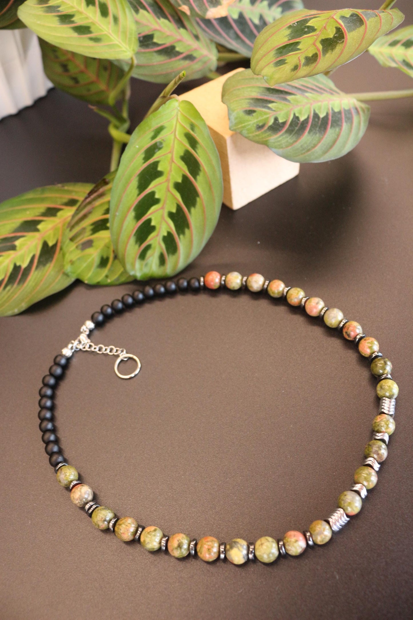 Unakite, Hematite, and Black Onyx Necklace, Unique Handmade Necklace