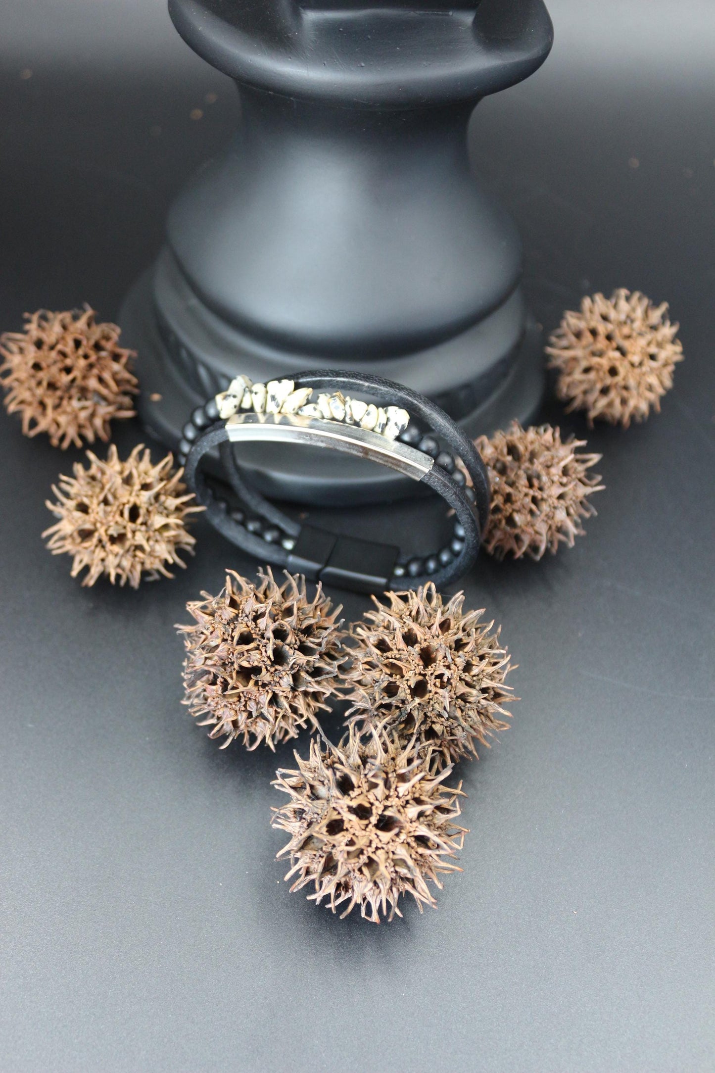 Handmade Bracelet with Dalmatian Jasper, Black Onyx, and Genuine Leather