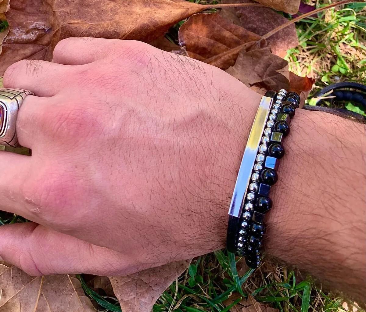 Handmade with Hematite, Black Onyx, Leather, and Metal