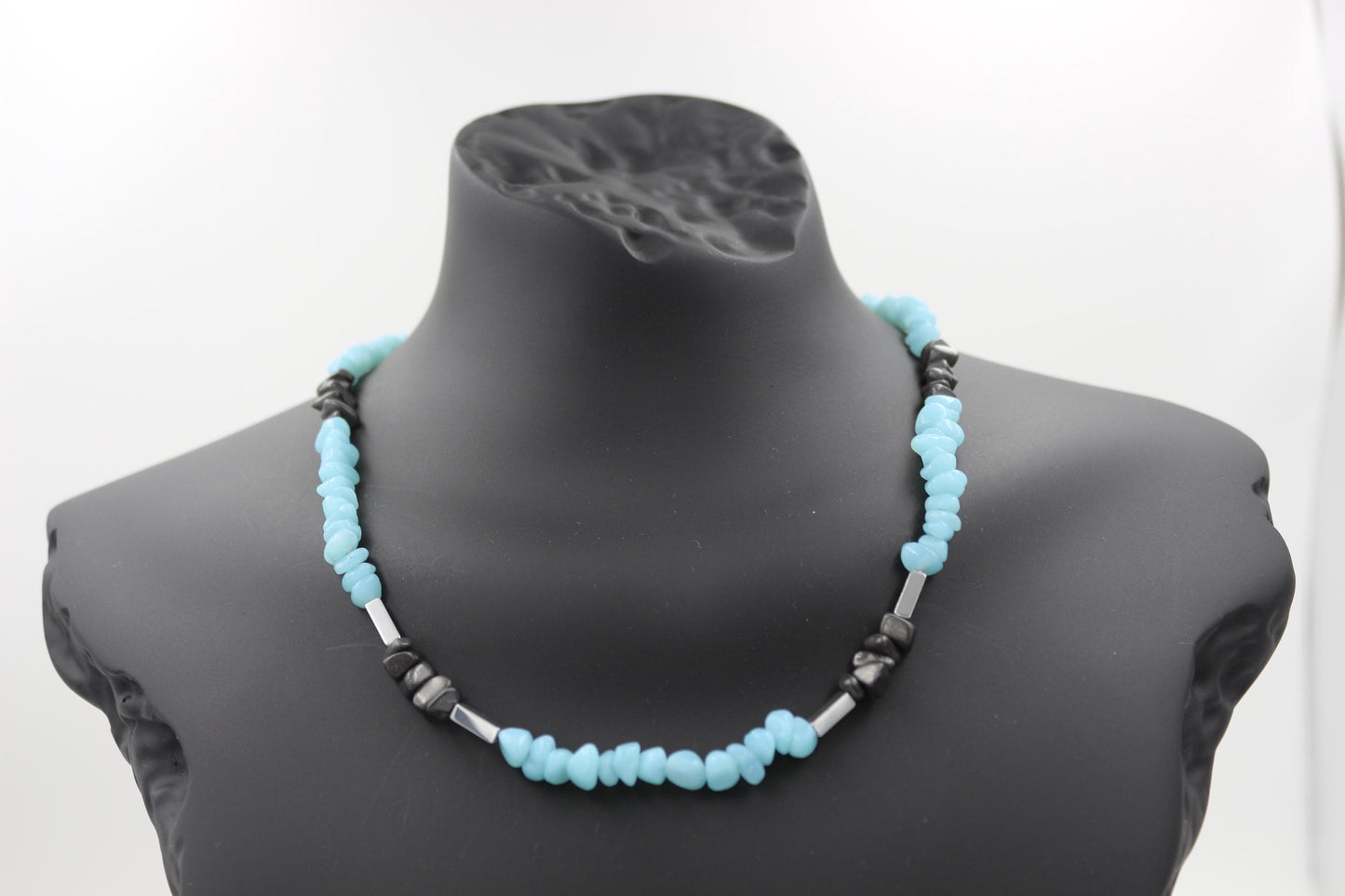 Handmade Aquamarine and Hematite Necklace – Stylish Natural Stone Design, Unisex