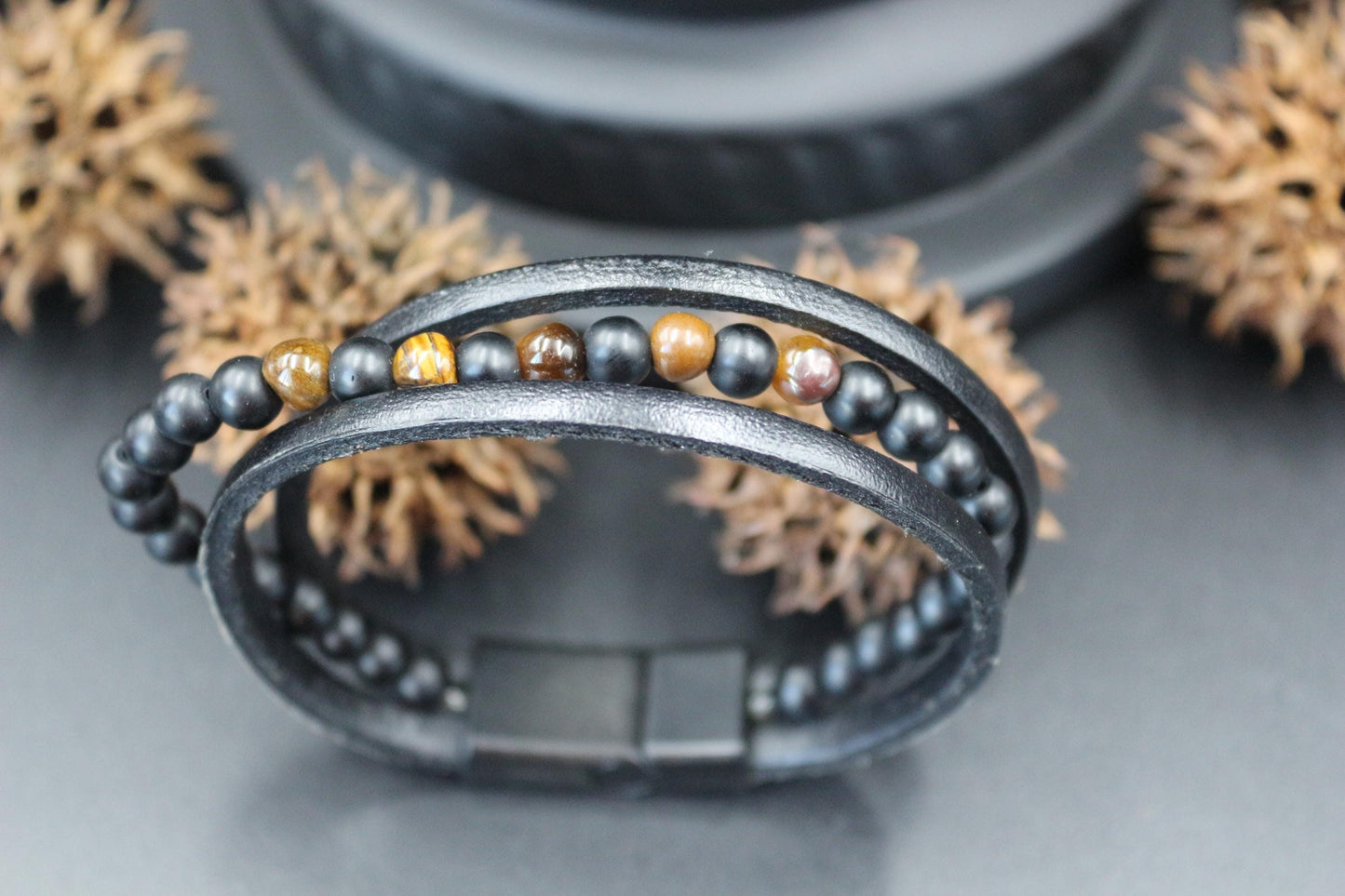 Bracelet - Handmade with Tiger's Eye, Onyx, and Genuine Leather