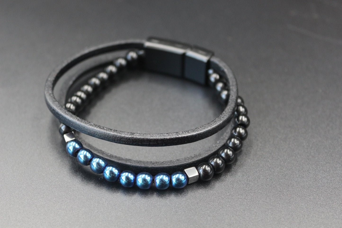 Bracelet - Genuine Leather, Blue Hematite, and Natural Stone